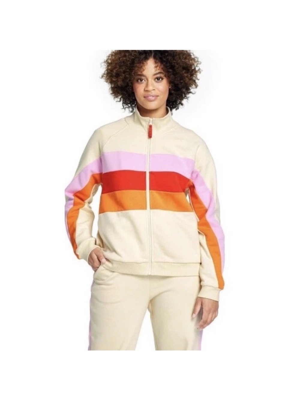 Lego Cream Track Jacket with Pink, Red & Orange Stripes